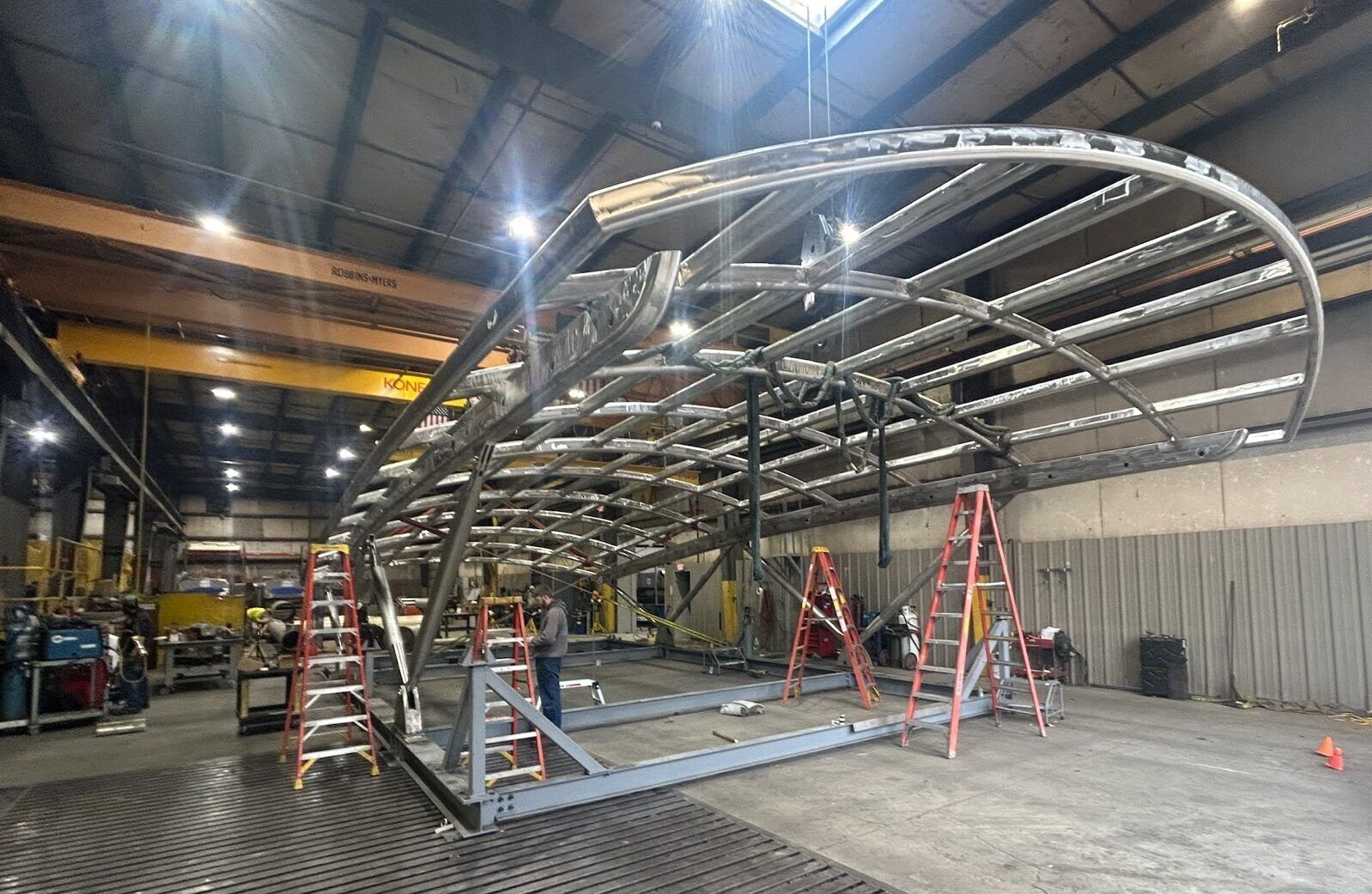 Curved architectural steel frame in the workshop